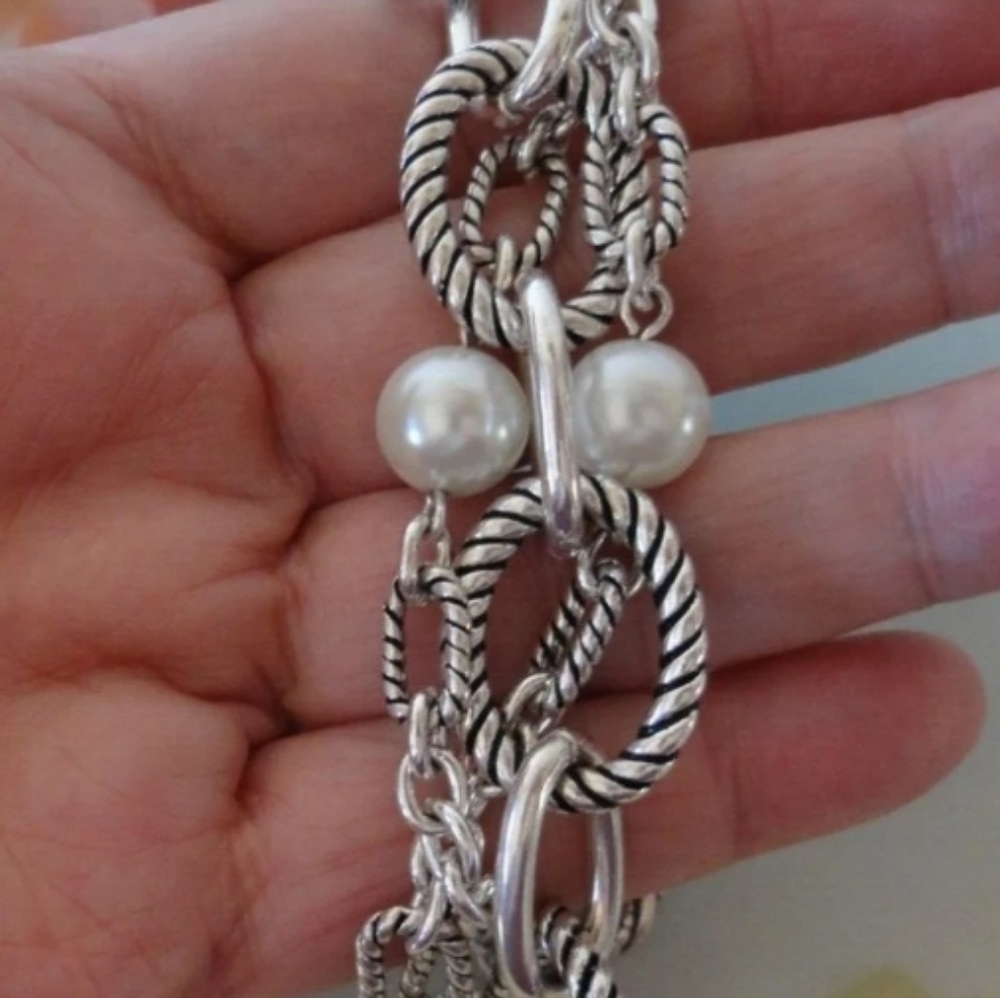Premier Designs Faux Pearl Chain Necklace Antiqued Silver Plated Retired - Picture 2 of 4
